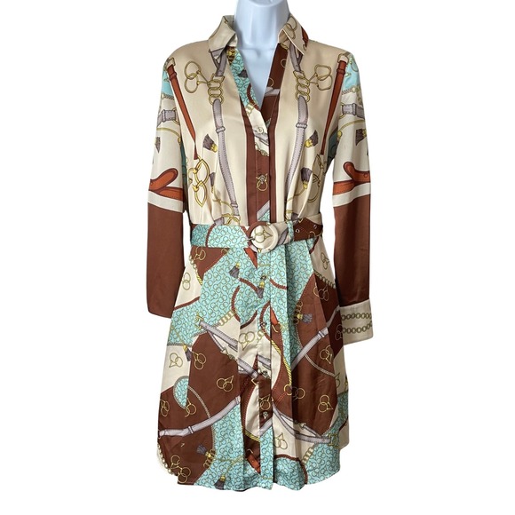 Marciano by Guess Dresses & Skirts - Marciano by Guess Dress US 2 Brown Teal Equestrian Scarf Print Belted Western